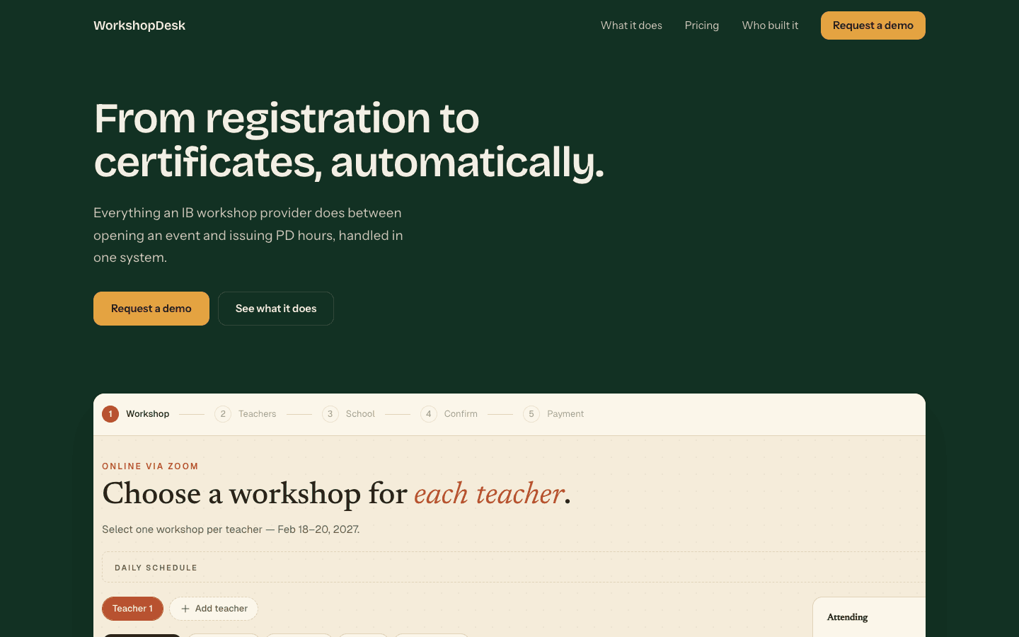 The WorkshopDesk registration flow, showing workshop selection for a teacher